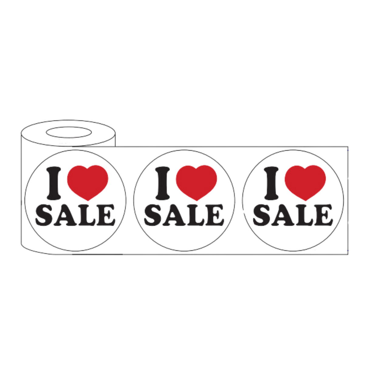 45mm round white sticker with black text "I Love SALE" and a red heart symbol, designed for retail promotions.