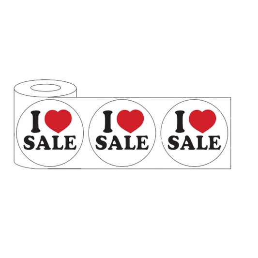45mm round white sticker with black text "I Love SALE" and a red heart symbol, designed for retail promotions.