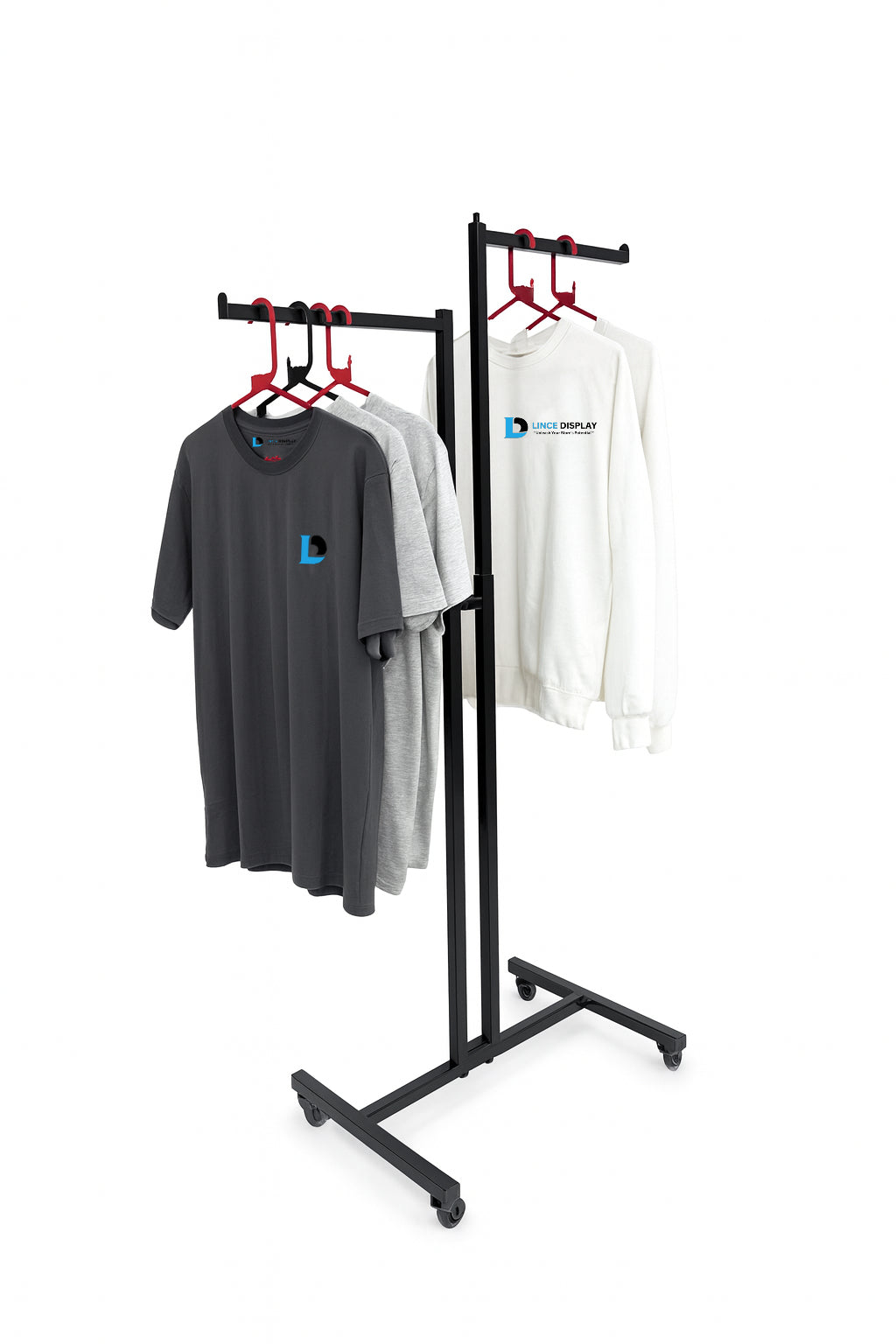 Heavy Duty 2-Way Straight Arm Clothing Rail – Adjustable Black Retail Display Stand  with Castors & Brakes
