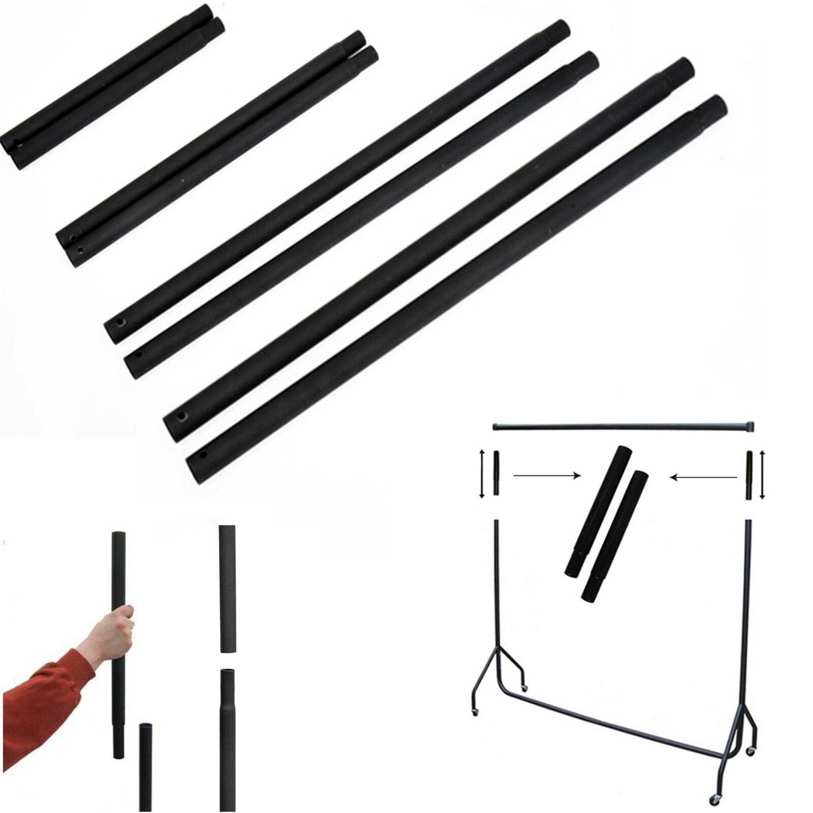 Black Extension Poles For Garment Clothes Rail Heavy Duty Comes In 18 Inch Pair
