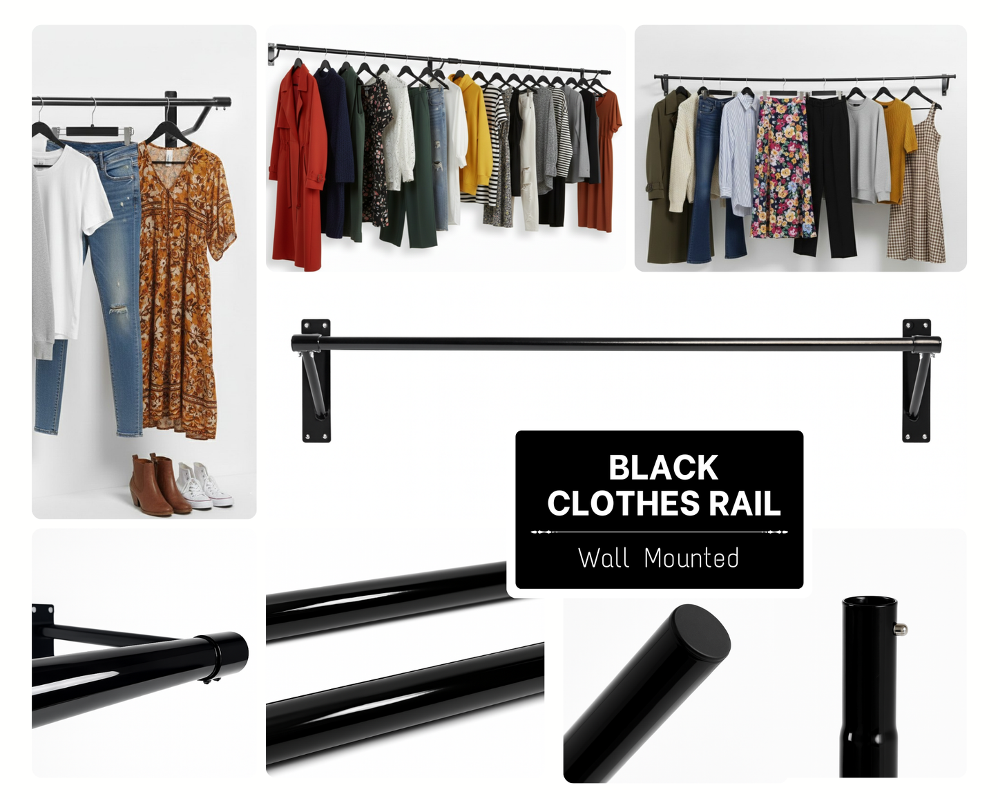 Gloss Black Wall-Mounted Clothes Rail – Sleek Heavy-Duty Steel Hanging Bar for Home & Retail Use