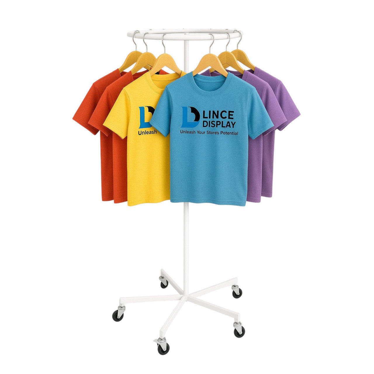 White Garment Rail Clothes Display Rack,Circular Fashion,Adjustable Height Stand