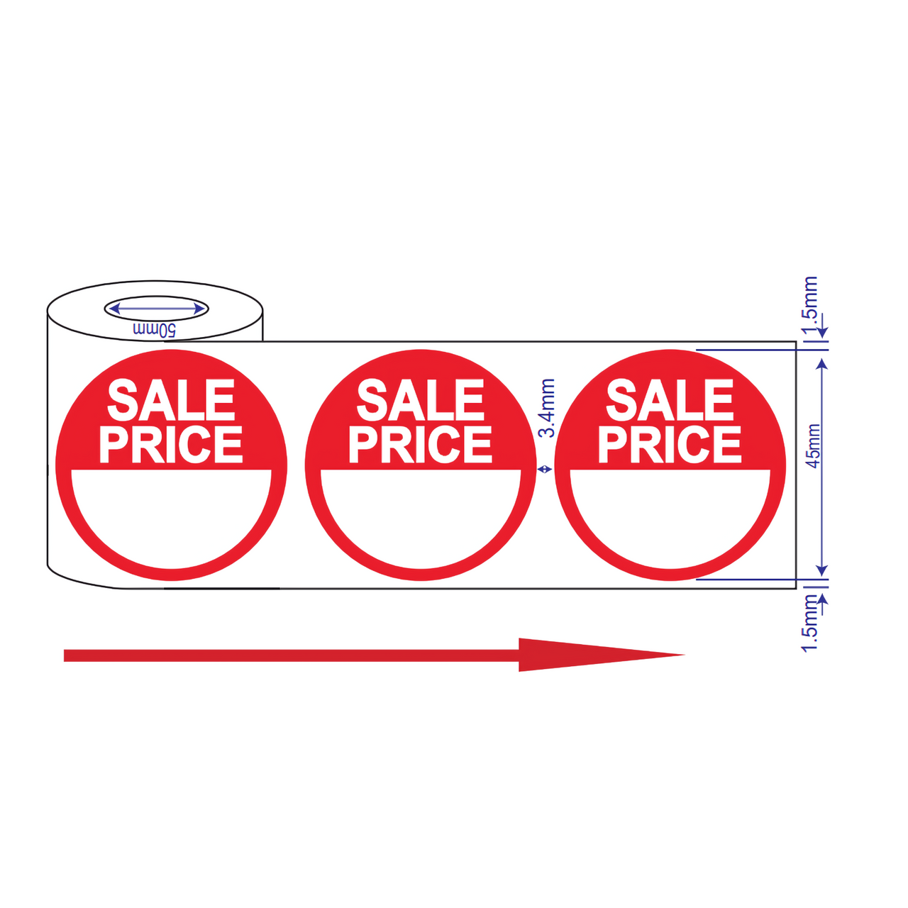 Roll of 500 round red stickers with 'SALE PRICE' text in bold white letters, designed for retail promotions and discount labelling.