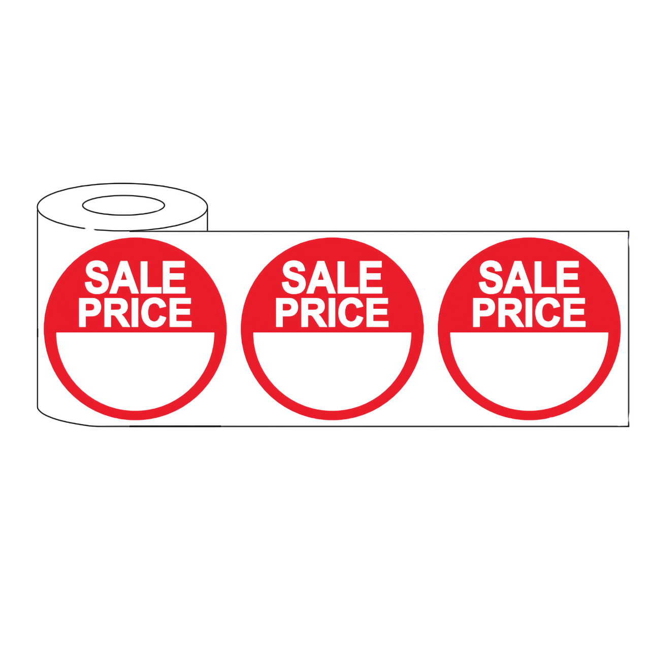 Roll of 500 round red stickers with 'SALE PRICE' text in bold white letters, designed for retail promotions and discount labelling.