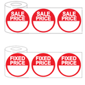 Two rolls of 500 round red adhesive stickers for retail pricing; one roll reads 'SALE PRICE' and the other reads 'FIXED PRICE' in bold white text, ideal for promotions and price labelling.
