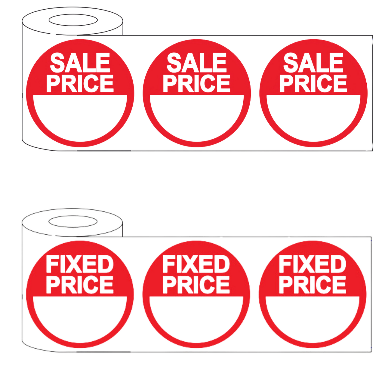 Two rolls of 500 round red adhesive stickers for retail pricing; one roll reads 'SALE PRICE' and the other reads 'FIXED PRICE' in bold white text, ideal for promotions and price labelling.
