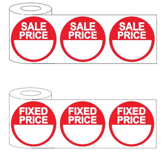 Two rolls of 500 round red adhesive stickers for retail pricing; one roll reads 'SALE PRICE' and the other reads 'FIXED PRICE' in bold white text, ideal for promotions and price labelling.
