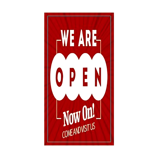 Bold "We Are Now Open" poster in a bright, attention-grabbing design. The large, clear text is easily readable from a distance, with colors that pop to attract passersby. Sized at 110cm x 55cm, this poster is perfect for storefronts, windows, and entryways, ideal for grand openings and welcoming customers. Durable for both indoor and outdoor use, it conveys a welcoming message to invite customers inside.