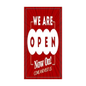 Bold "We Are Now Open" poster in a bright, attention-grabbing design. The large, clear text is easily readable from a distance, with colors that pop to attract passersby. Sized at 110cm x 55cm, this poster is perfect for storefronts, windows, and entryways, ideal for grand openings and welcoming customers. Durable for both indoor and outdoor use, it conveys a welcoming message to invite customers inside.