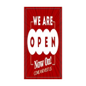 Bold "We Are Now Open" poster in a bright, attention-grabbing design. The large, clear text is easily readable from a distance, with colors that pop to attract passersby. Sized at 110cm x 55cm, this poster is perfect for storefronts, windows, and entryways, ideal for grand openings and welcoming customers. Durable for both indoor and outdoor use, it conveys a welcoming message to invite customers inside.