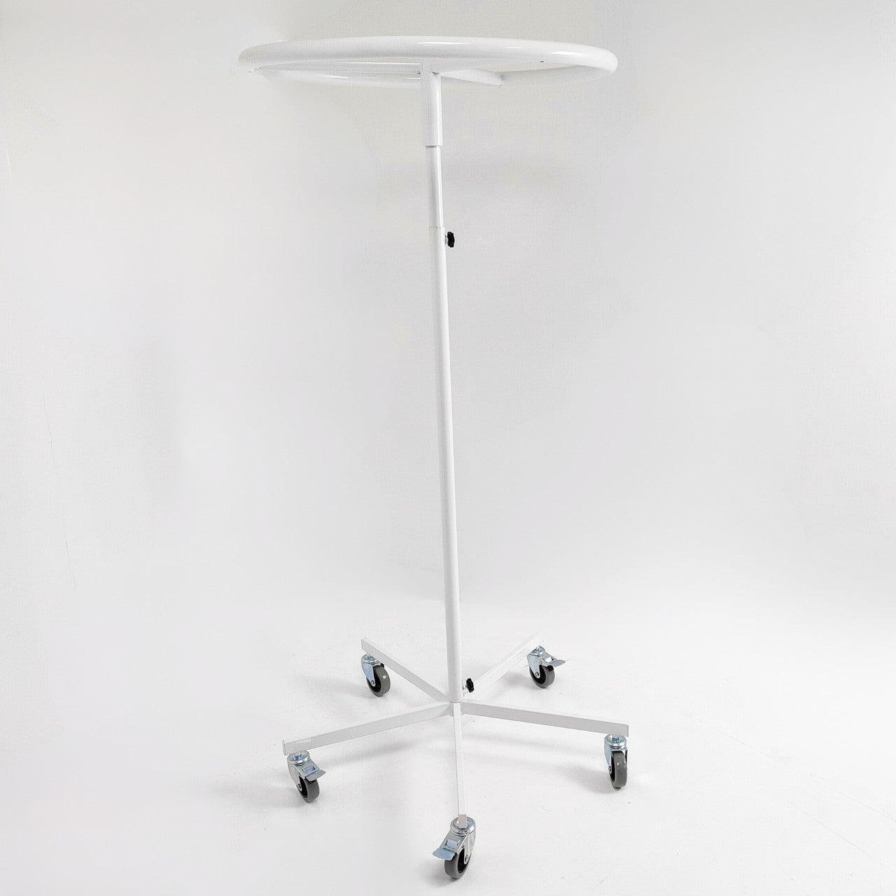 White Garment Rail Clothes Display Rack, Circular Fashion, Adjustable Height Stand
