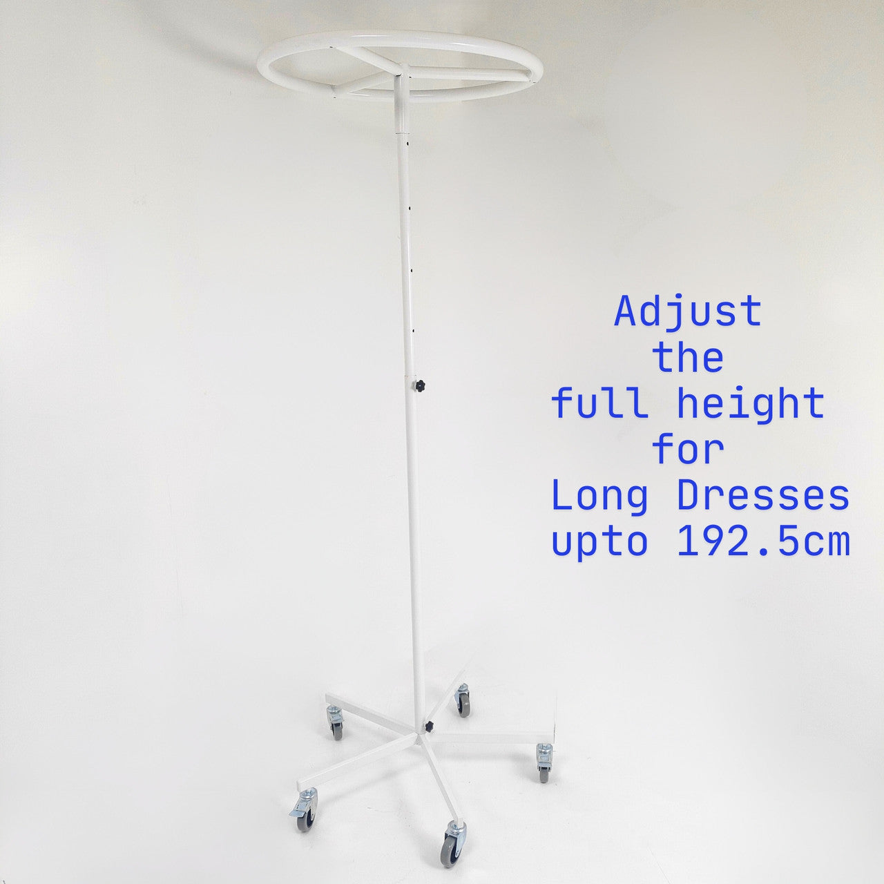 White Garment Rail Clothes Display Rack, Circular Fashion, Adjustable Height Stand