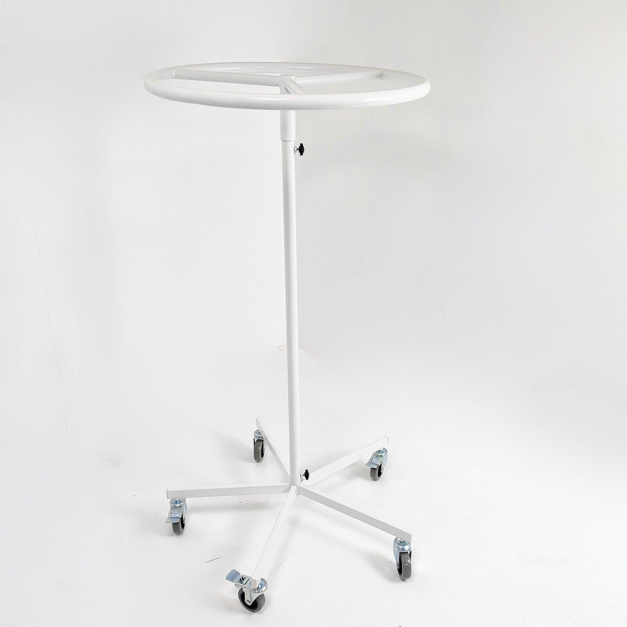 White Garment Rail Clothes Display Rack, Circular Fashion, Adjustable Height Stand