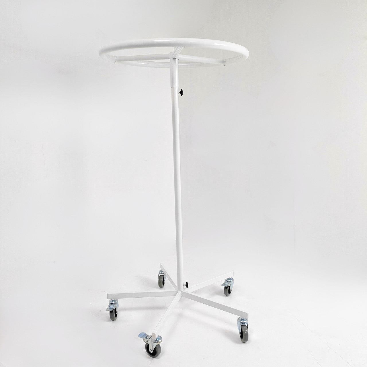 White Garment Rail Clothes Display Rack, Circular Fashion, Adjustable Height Stand