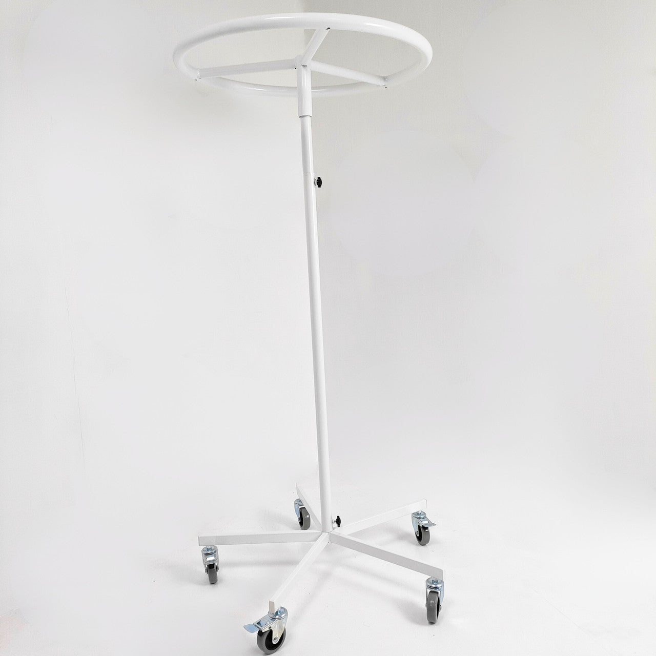 White Garment Rail Clothes Display Rack, Circular Fashion, Adjustable Height Stand