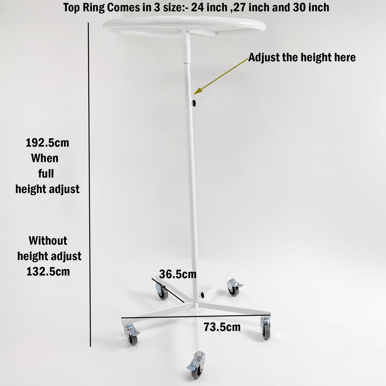 White Garment Rail Clothes Display Rack, Circular Fashion, Adjustable Height Stand