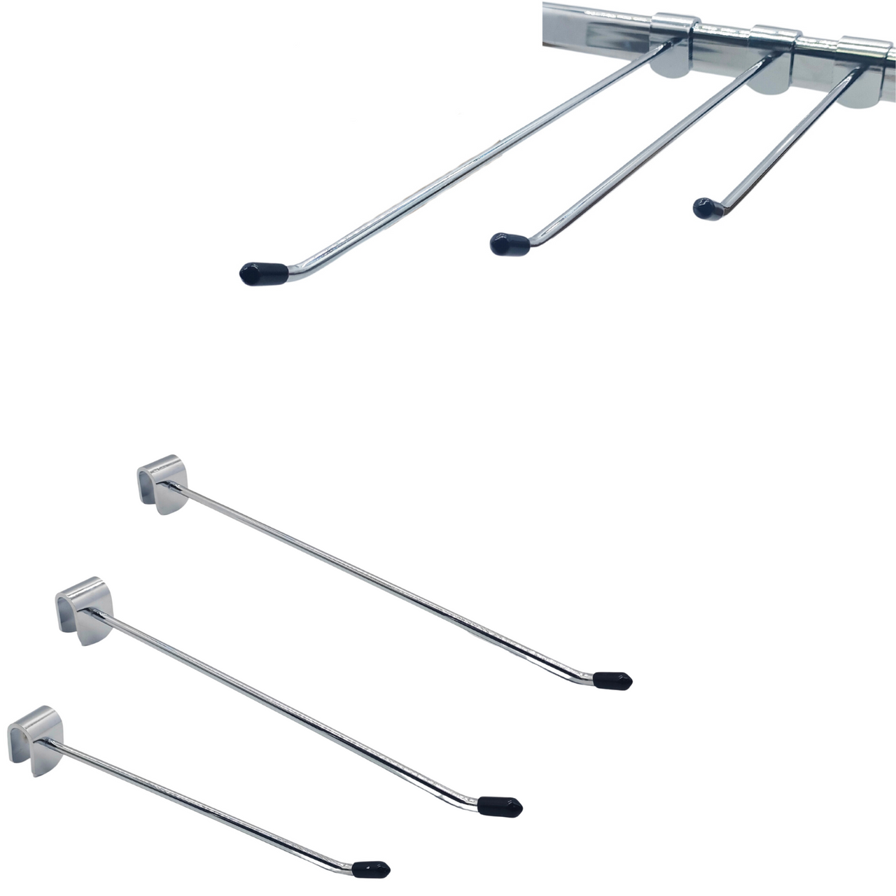 CHROME STRAIGHT ARM HOOKS FOR BACK BAR PRONG OVAL FOR RETAIL DISPLAY