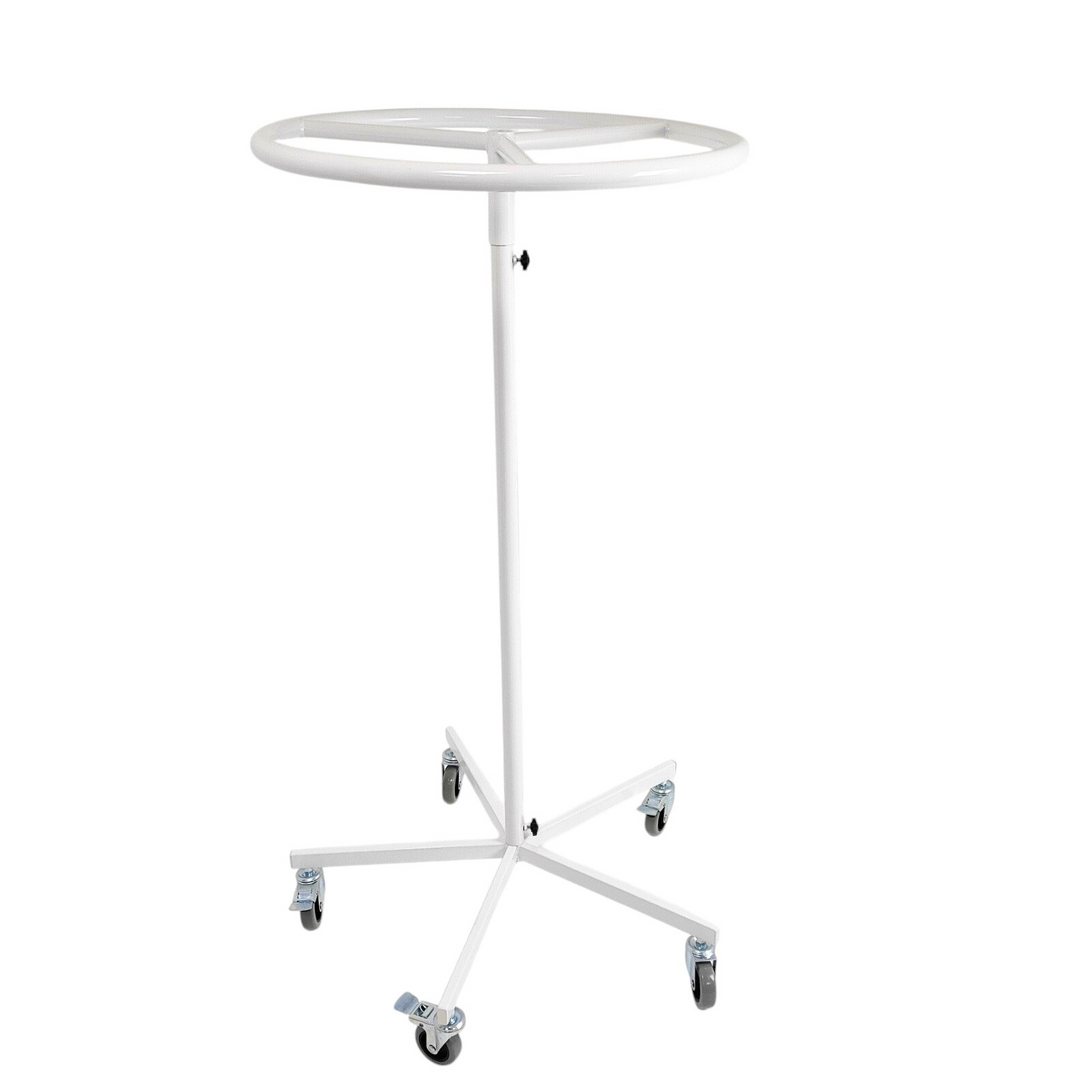 White Garment Rail Clothes Display Rack, Circular Fashion, Adjustable Height Stand