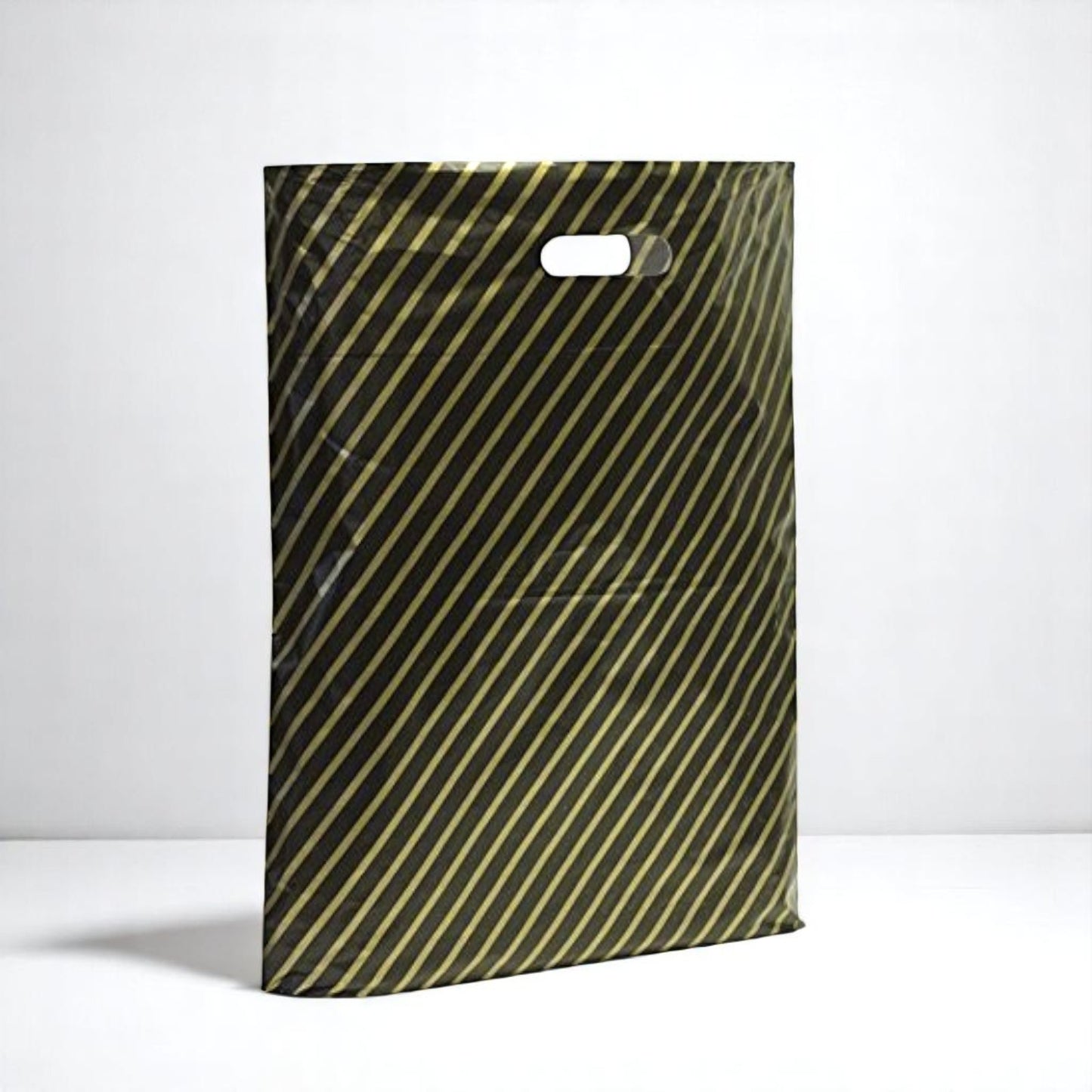 500x Black And Gold Strong Plastic Carrier Bags Striped Shopping Retail Bags