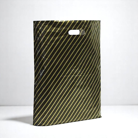 500x Black And Gold Strong Plastic Carrier Bags Striped Shopping Retail Bags
