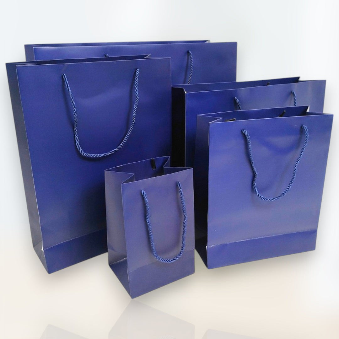 Blue Paper Carrier Bags with Rope Handles – Various Sizes and Matt Finishes