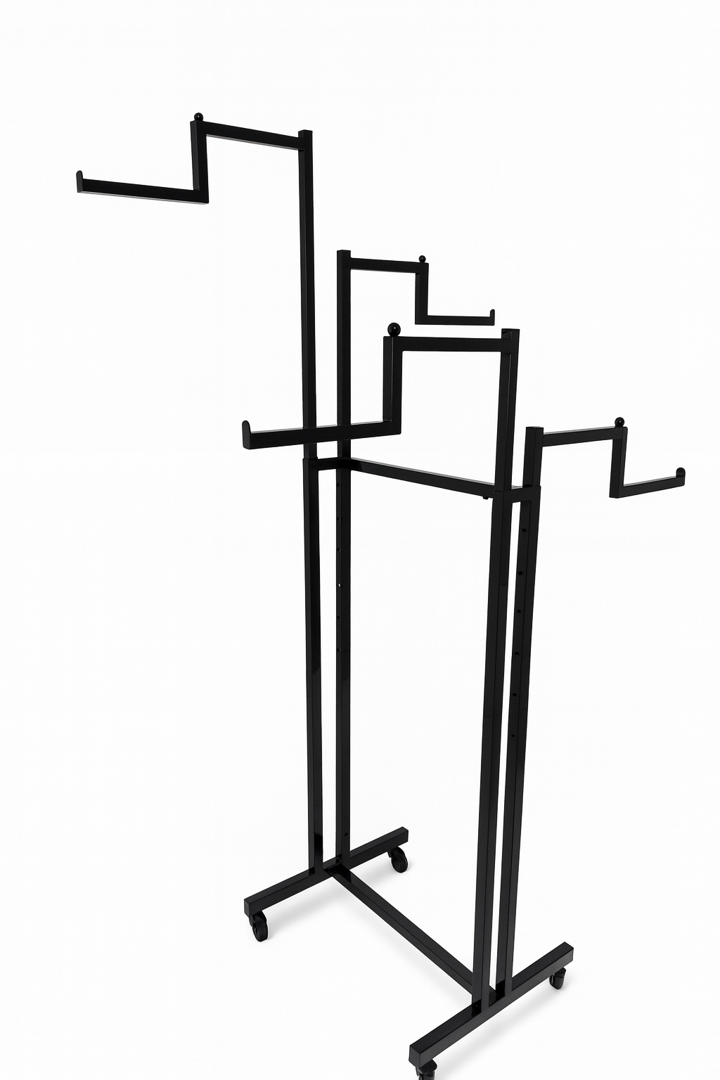 Heavy Duty 4-Way Step Arm Clothing Display Rail Stand –  Adjustable Black Retail Display Stand  with Castors & Brakes