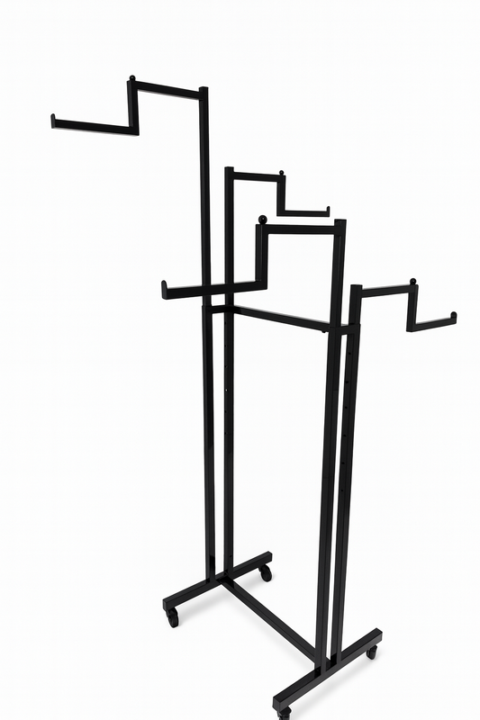 Heavy Duty 4-Way Step Arm Clothing Display Rail Stand –  Adjustable Black Retail Display Stand  with Castors & Brakes