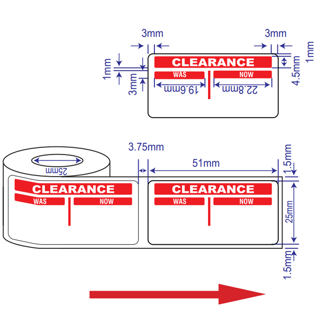 500x 50mm Rectangular Adhesive Clearance & Sale Promotional Stickers - Was/Now Dimensions