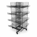 4ft Black 4-Way Grid Mesh Display Stand With 16 Shelves & Wheels