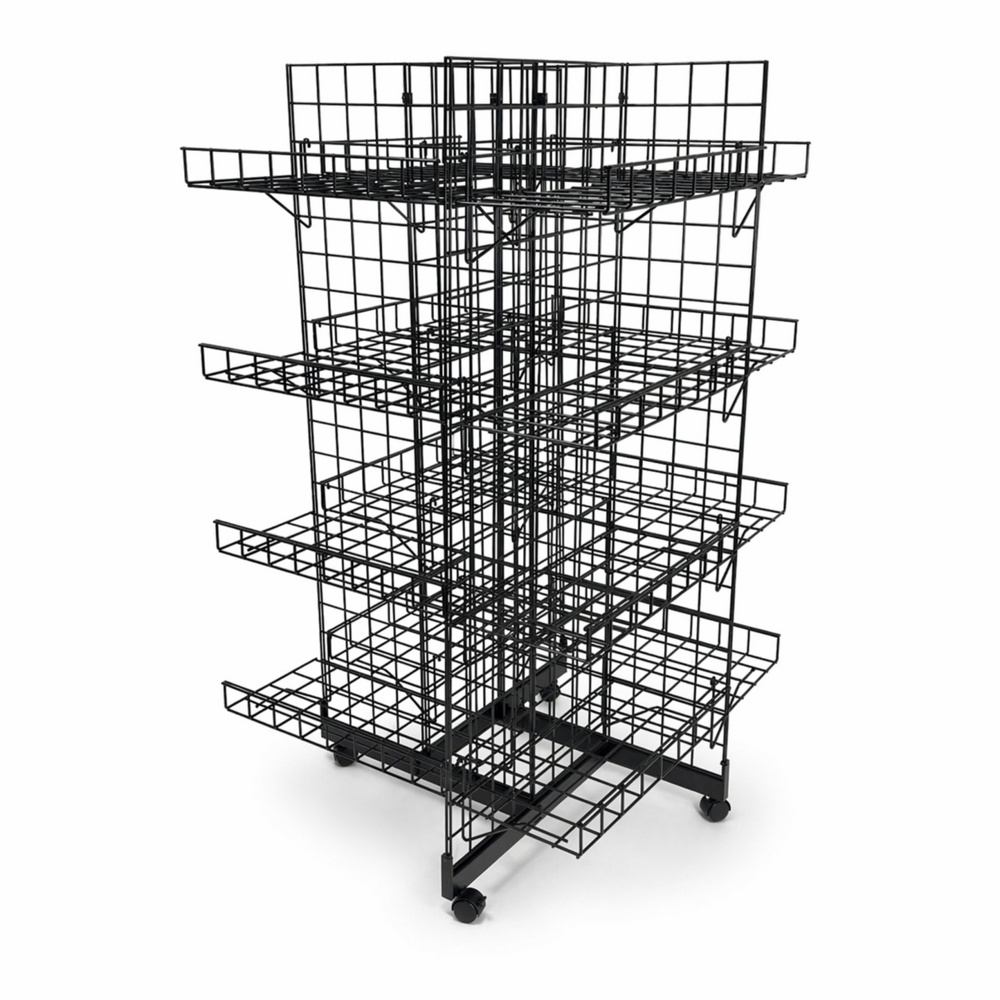 4ft Black 4-Way Grid Mesh Display Stand With 16 Shelves & Wheels
