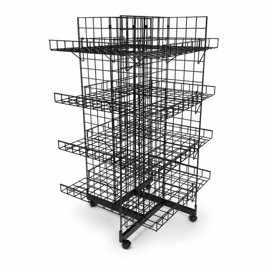 4ft Black 4-Way Grid Mesh Display Stand With 16 Shelves & Wheels