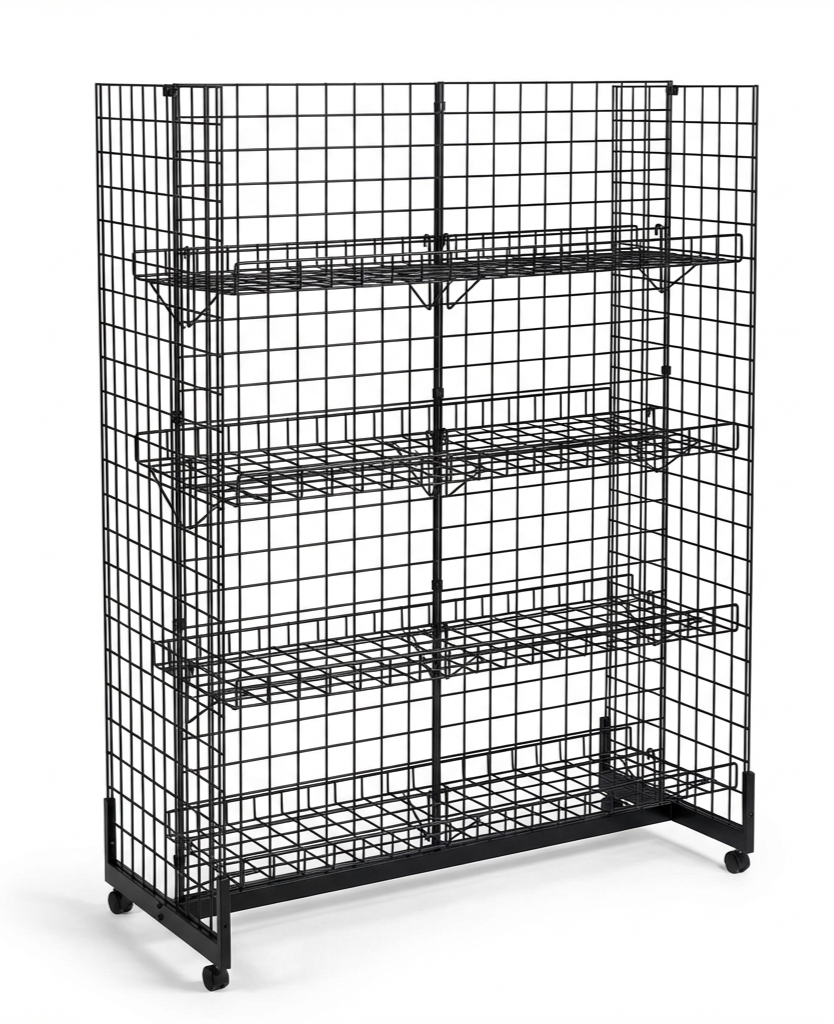 H-Shape Grid Mesh Gondola Display Stand with Baskets & Wheels – Double-Sided Retail Gridwall Merchandiser
