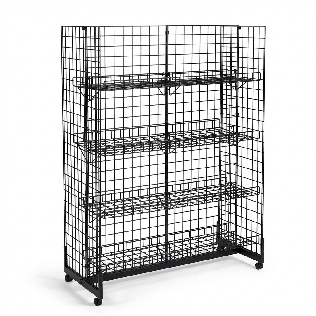 5ft H-Shape Grid Mesh Gondola Display Stand with Wheels – Double-Sided Retail Gridwall Merchandiser with Shelves