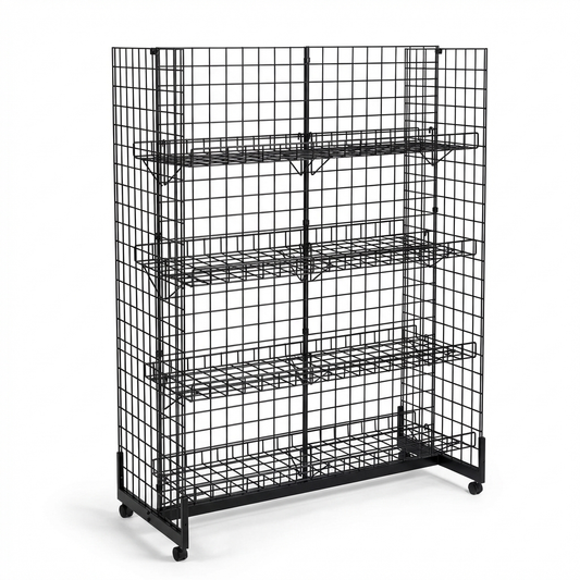 6ft H-Shape Grid Mesh Gondola Display Stand with Wheels – Double-Sided Retail Gridwall Merchandiser with Shelves