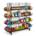 H-Shape Grid Mesh Gondola Display Stand with Baskets & Wheels – Double-Sided Retail Gridwall Merchandiser