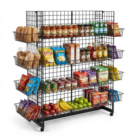 H-Shape Grid Mesh Gondola Display Stand with Baskets & Wheels – Double-Sided Retail Gridwall Merchandiser