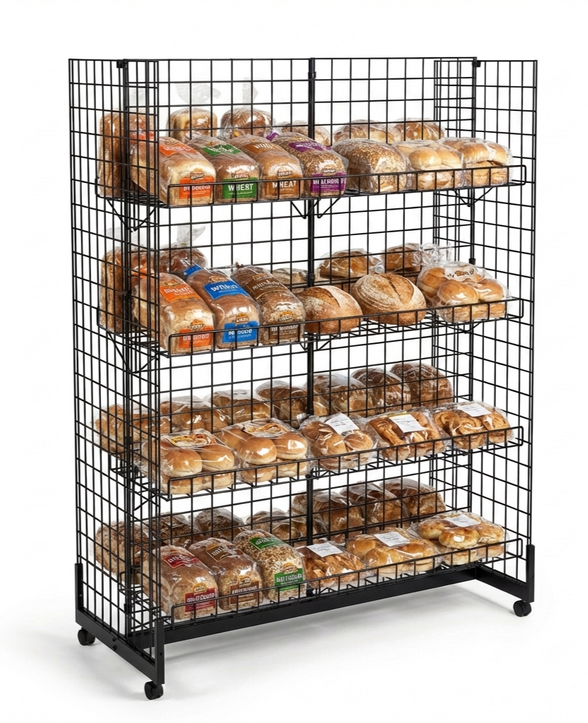 7ft H-Shape Grid Mesh Gondola Display Stand with Wheels – Double-Sided Retail Gridwall Merchandiser with Shelves