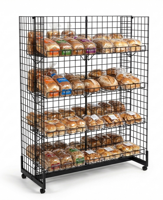 7ft H-Shape Grid Mesh Gondola Display Stand with Wheels – Double-Sided Retail Gridwall Merchandiser with Shelves