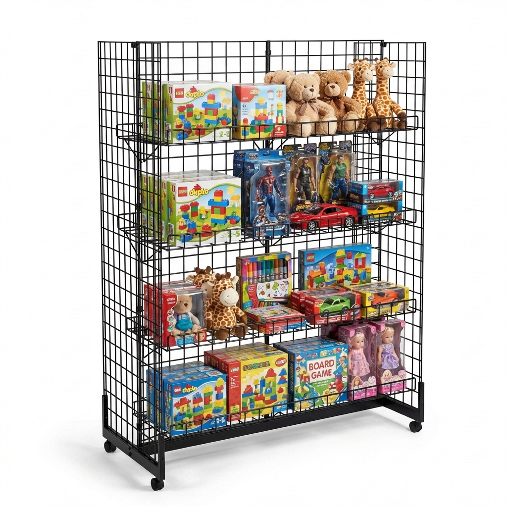 7ft H-Shape Grid Mesh Gondola Display Stand with Wheels – Double-Sided Retail Gridwall Merchandiser with Shelves