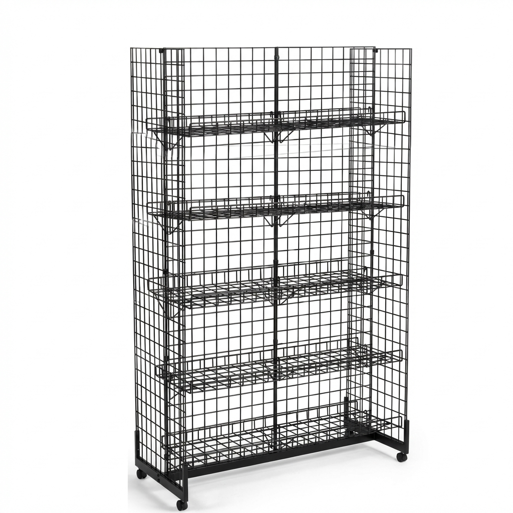 H-Shape Grid Mesh Gondola Display Stand with Baskets & Wheels – Double-Sided Retail Gridwall Merchandiser