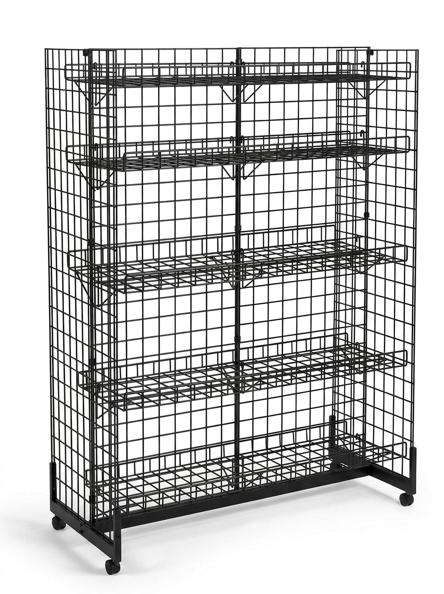 H-Shape Grid Mesh Gondola Display Stand with Baskets & Wheels – Double-Sided Retail Gridwall Merchandiser