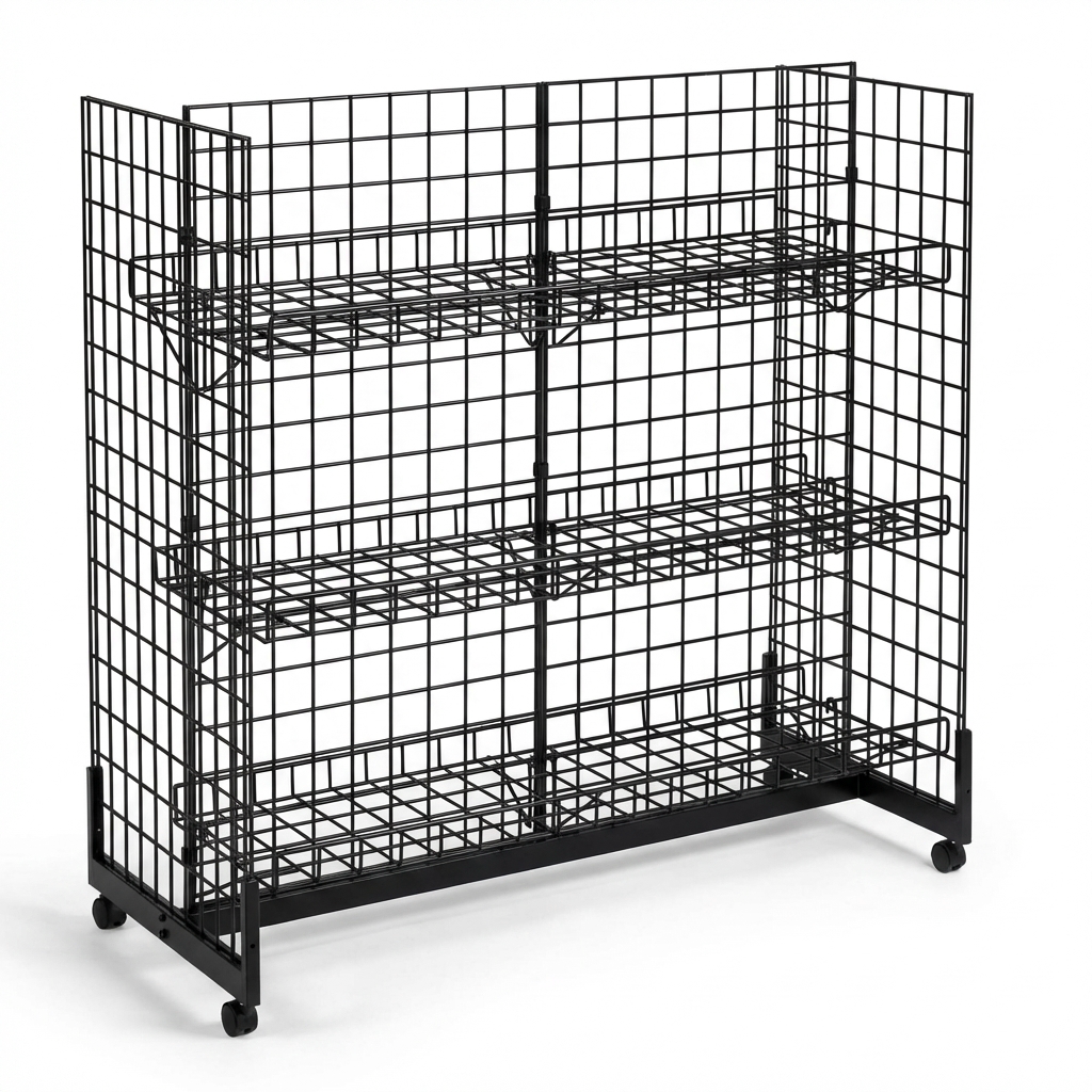 4ft H-Shape Grid Mesh Gondola Display Stand with Wheels – Double-Sided Retail Gridwall Merchandiser with Shelves