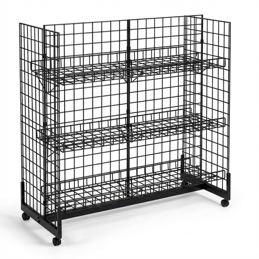 4ft H-Shape Grid Mesh Gondola Display Stand with Wheels – Double-Sided Retail Gridwall Merchandiser with Shelves