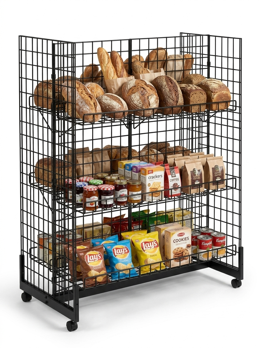 4ft H-Shape Grid Mesh Gondola Display Stand with Wheels – Double-Sided Retail Gridwall Merchandiser with Shelves
