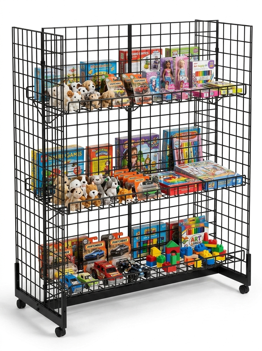 4ft H-Shape Grid Mesh Gondola Display Stand with Wheels – Double-Sided Retail Gridwall Merchandiser with Shelves
