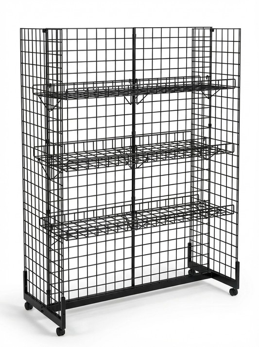 5ft H-Shape Grid Mesh Gondola Display Stand with Wheels – Double-Sided Retail Gridwall Merchandiser with Shelves