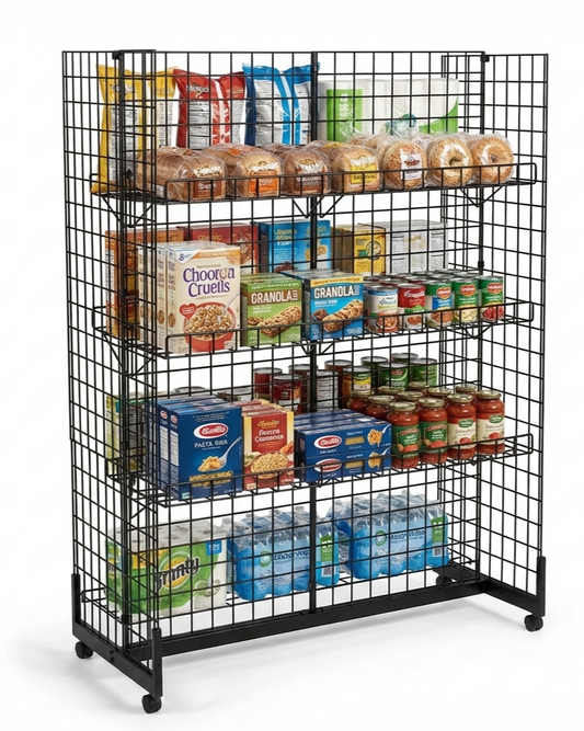 5ft H-Shape Grid Mesh Gondola Display Stand with Wheels – Double-Sided Retail Gridwall Merchandiser with Shelves