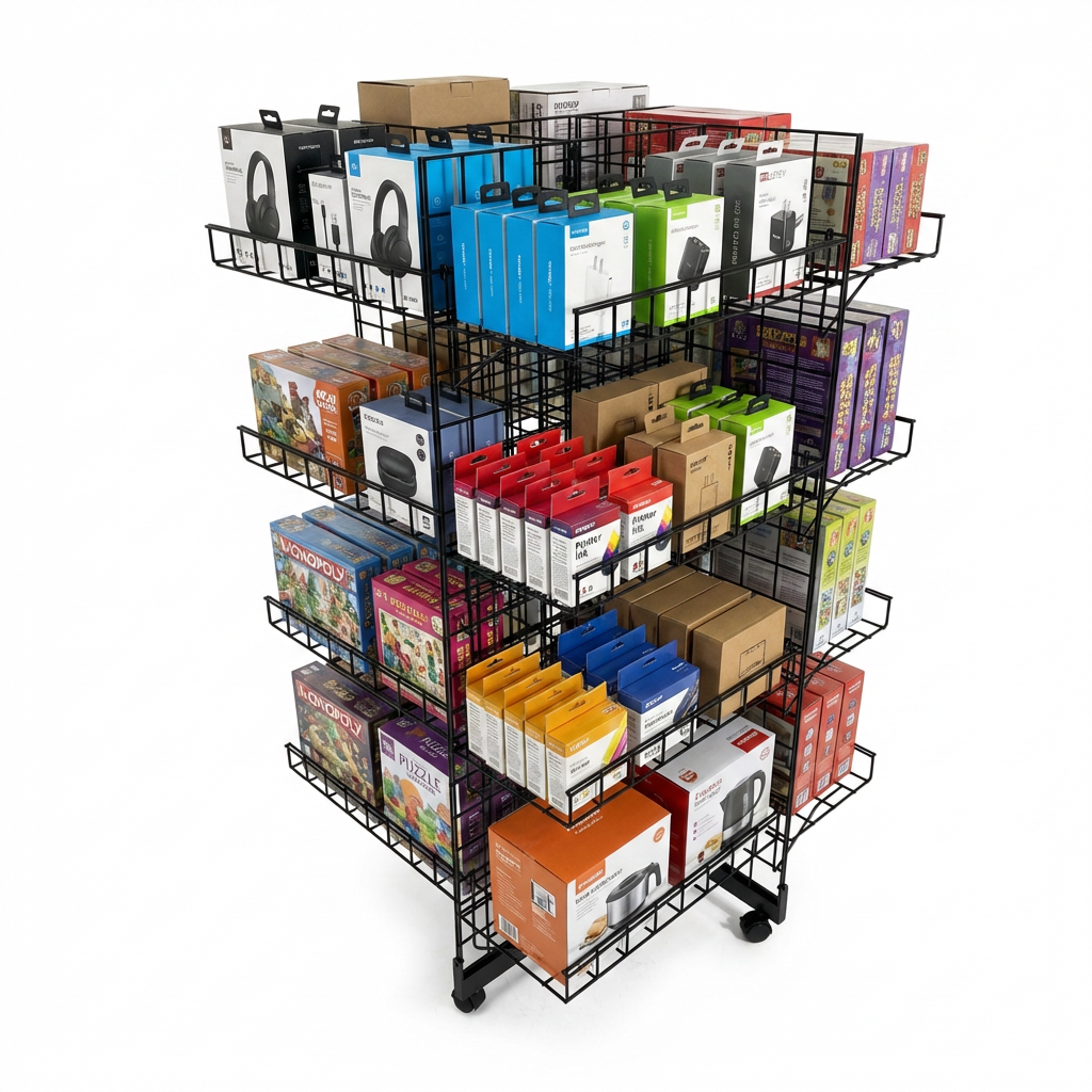 4ft Black 4-Way Grid Mesh Display Stand With 16 Shelves & Wheels