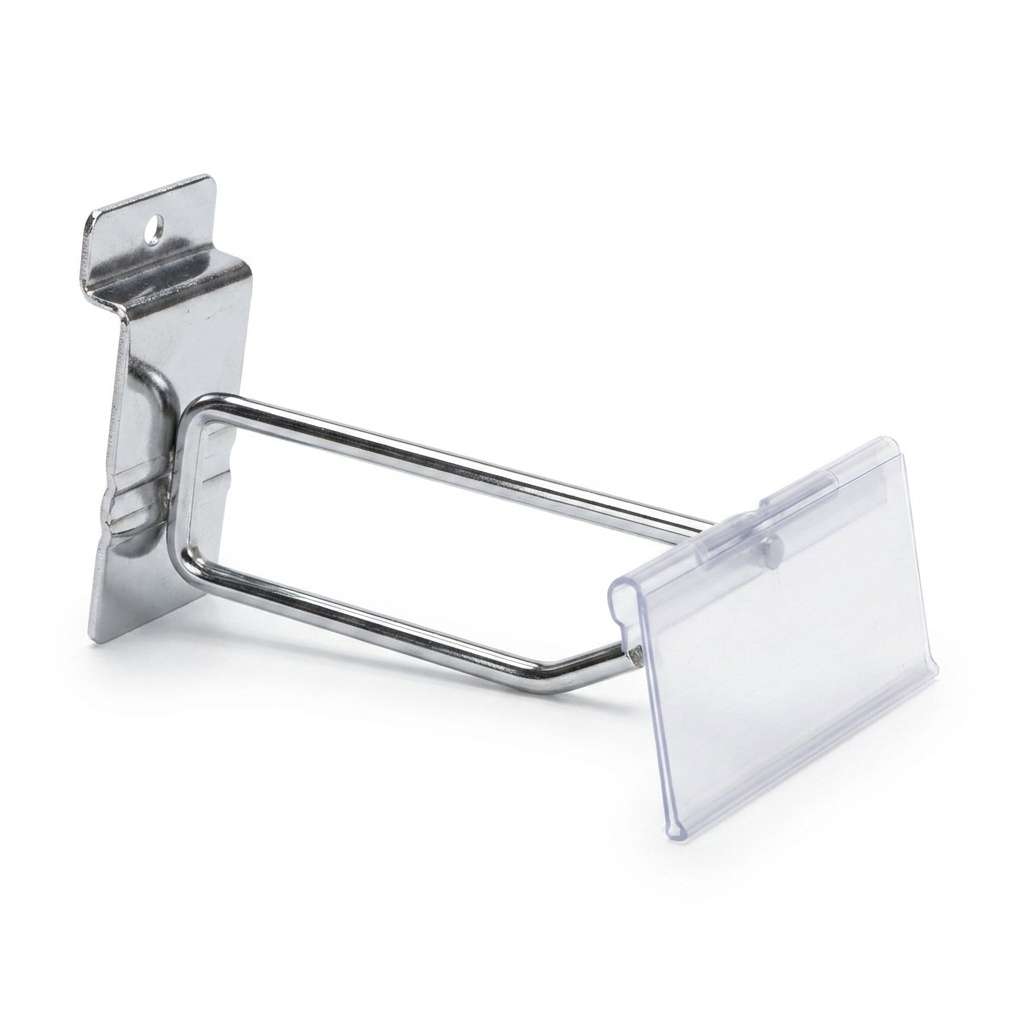 4 Inch Chrome Slatwall Single Prong Hook with Price Ticket Holder Arm