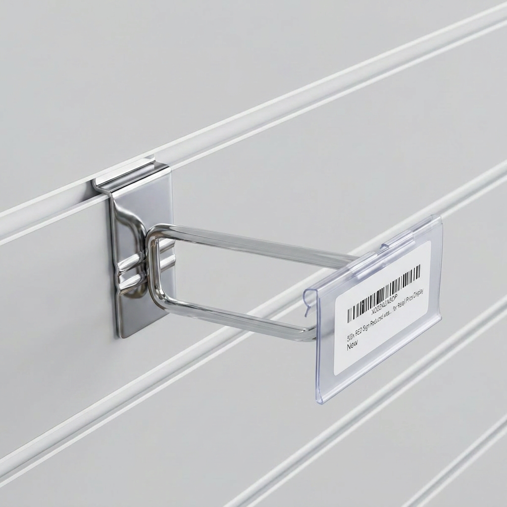 4 Inch Chrome Slatwall Single Prong Hook with Price Ticket Holder Arm